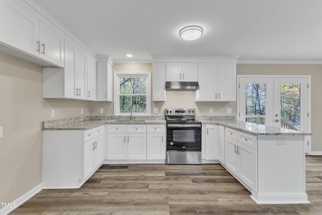 1518 Parks Village Rd, Zebulon, NC 27597 - kitchen with kitchen peninsula, light wood-type flooring, stainless steel electric stove, sink, and white cabinetry