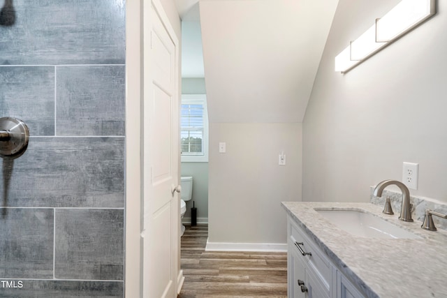 bathroom with toilet, vanity, vaulted ceiling, and hardwood / wood-style flooring