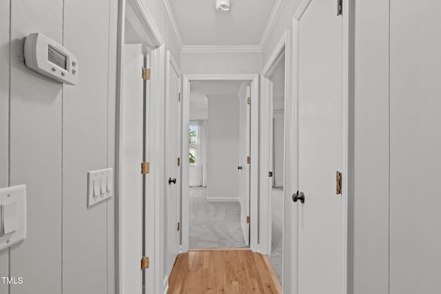 hall with crown molding and light wood-type flooring