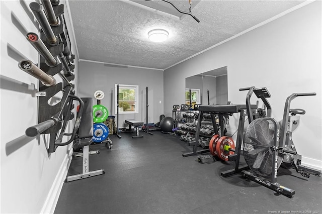 exercise room with crown molding and a textured ceiling