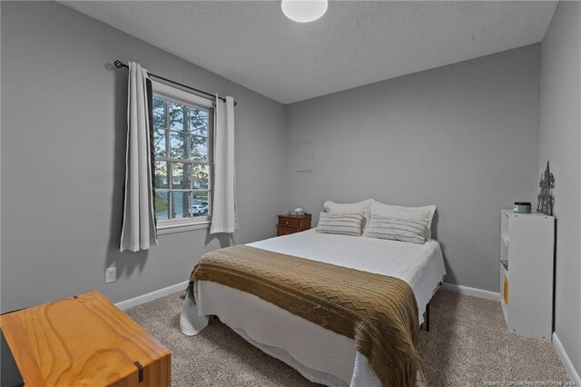 carpeted bedroom with a textured ceiling