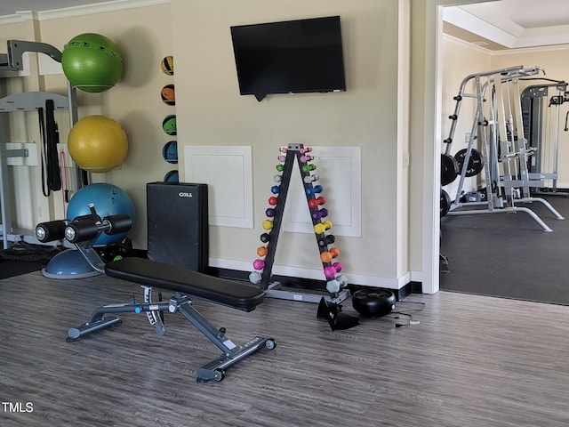 gym with hardwood / wood-style flooring and crown molding