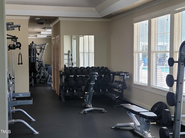 workout area with crown molding