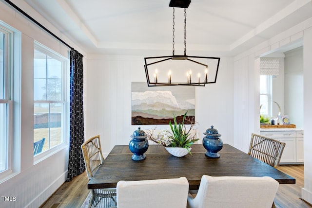 dining area featuring plenty of natural light, a notable chandelier, and light hardwood / wood-style floors