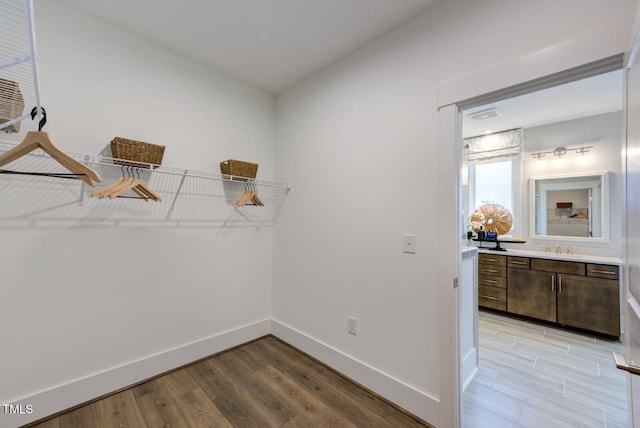 spacious closet with sink and light hardwood / wood-style floors