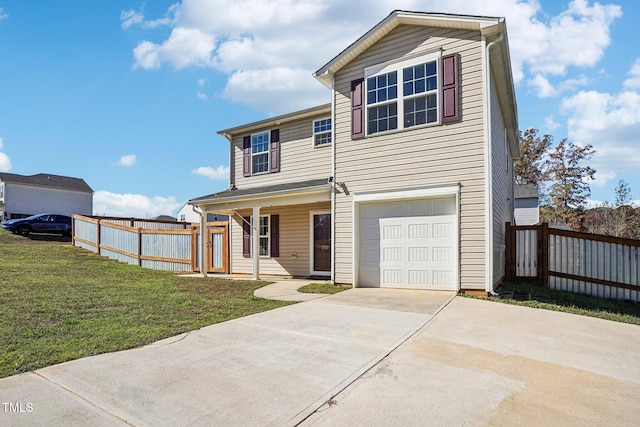 view of front of home featuring a front lawn, covered porch, and a garage