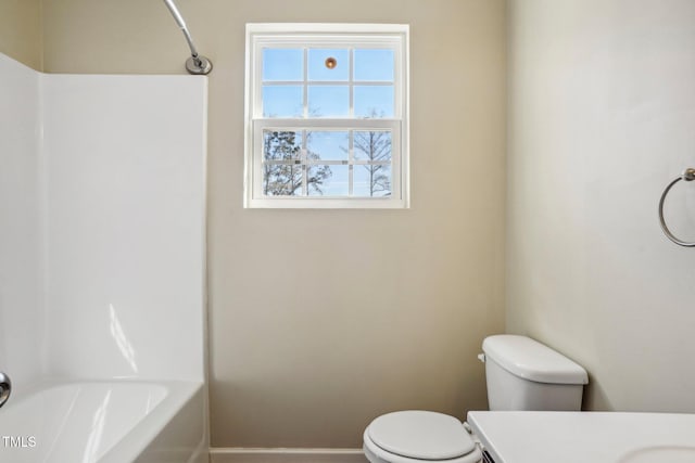 full bathroom with vanity, bathtub / shower combination, and toilet