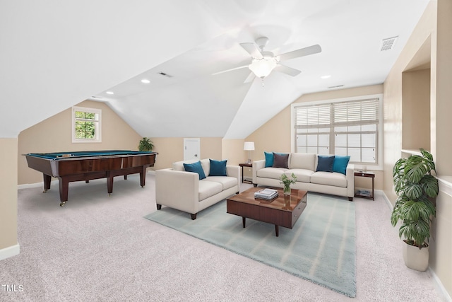 interior space with light colored carpet, vaulted ceiling, ceiling fan, and pool table