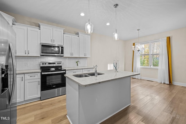 kitchen with tasteful backsplash, a center island with sink, hanging light fixtures, appliances with stainless steel finishes, and white cabinets