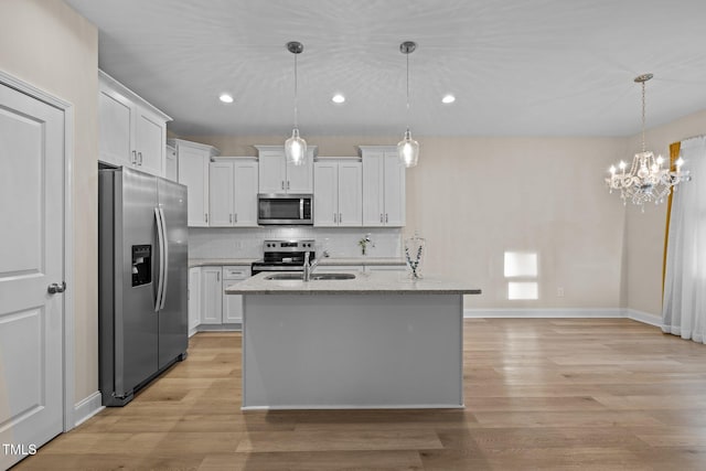 kitchen with sink, a center island with sink, hanging light fixtures, appliances with stainless steel finishes, and white cabinets