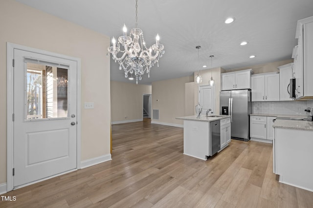 kitchen featuring pendant lighting, a center island with sink, white cabinets, and appliances with stainless steel finishes