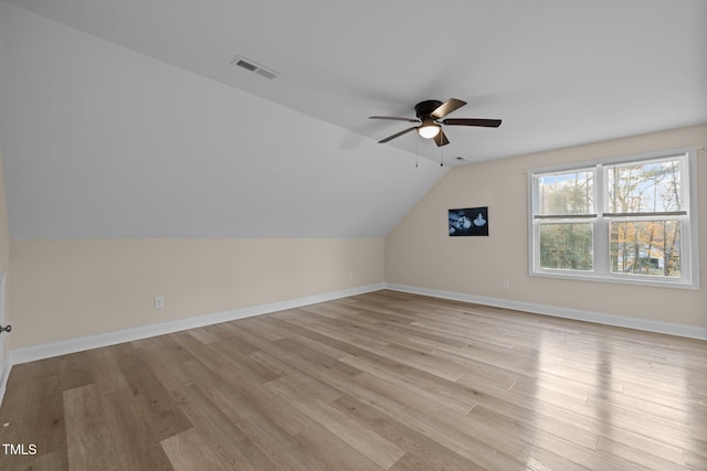 bonus room featuring vaulted ceiling, ceiling fan, and light hardwood / wood-style floors