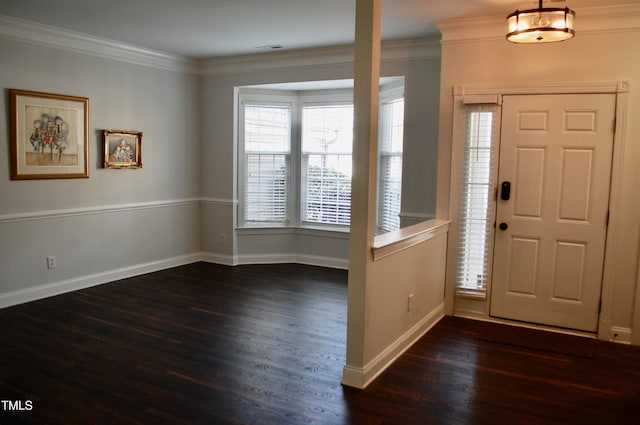 entryway with crown molding, baseboards, and dark wood-style flooring