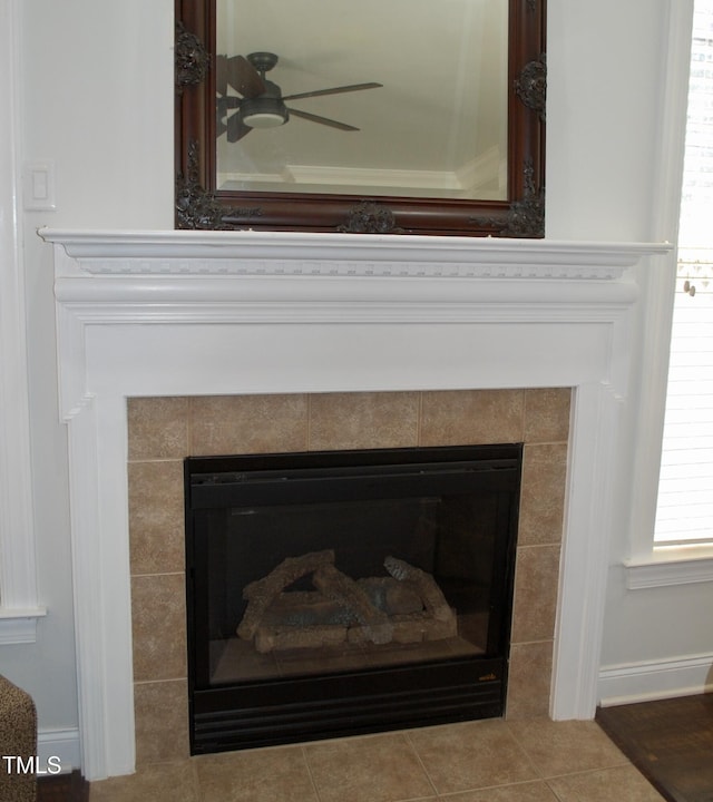 details with a fireplace and baseboards