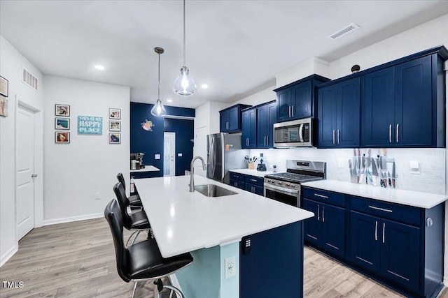 kitchen with light hardwood / wood-style flooring, an island with sink, decorative light fixtures, a kitchen bar, and stainless steel appliances