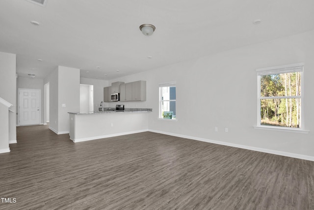 unfurnished living room featuring dark hardwood / wood-style floors, a healthy amount of sunlight, and sink