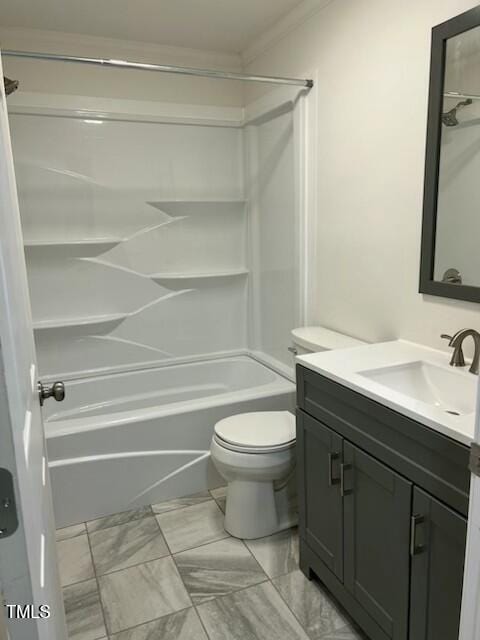 full bathroom with vanity, toilet, ornamental molding, and bathing tub / shower combination