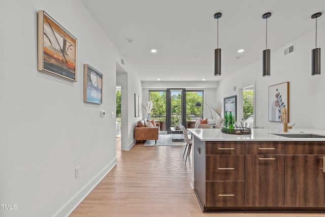 kitchen with sink, dark brown cabinetry, hanging light fixtures, and light hardwood / wood-style flooring