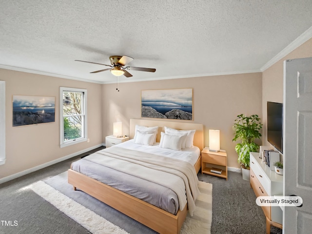 carpeted bedroom featuring a textured ceiling, ceiling fan, and crown molding