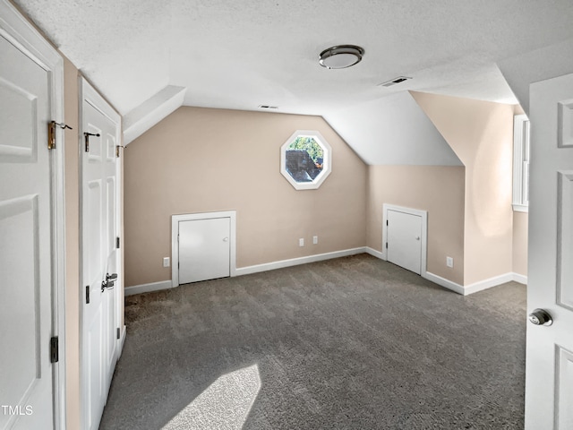 additional living space featuring dark carpet, a textured ceiling, and vaulted ceiling