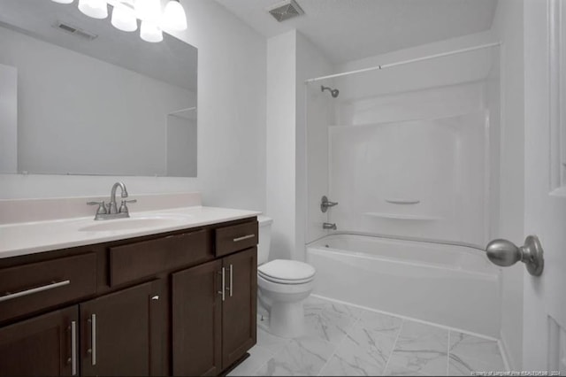 full bathroom with vanity, shower / bath combination, and toilet