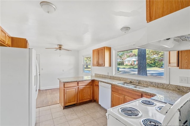 kitchen featuring ceiling fan, sink, kitchen peninsula, white appliances, and light tile patterned flooring