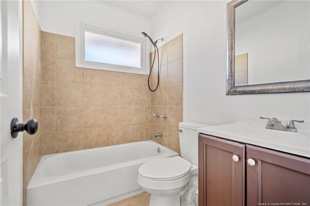 full bathroom featuring toilet, tile patterned floors, vanity, and tiled shower / bath combo