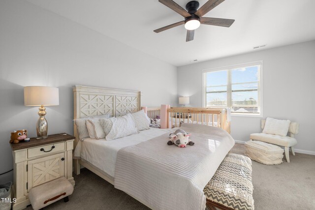 bedroom featuring carpet flooring and ceiling fan