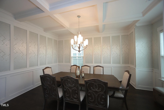 dining space with a notable chandelier, dark hardwood / wood-style floors, crown molding, and coffered ceiling