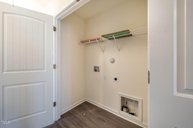 washroom with hookup for an electric dryer, hookup for a washing machine, hookup for a gas dryer, and dark wood-type flooring