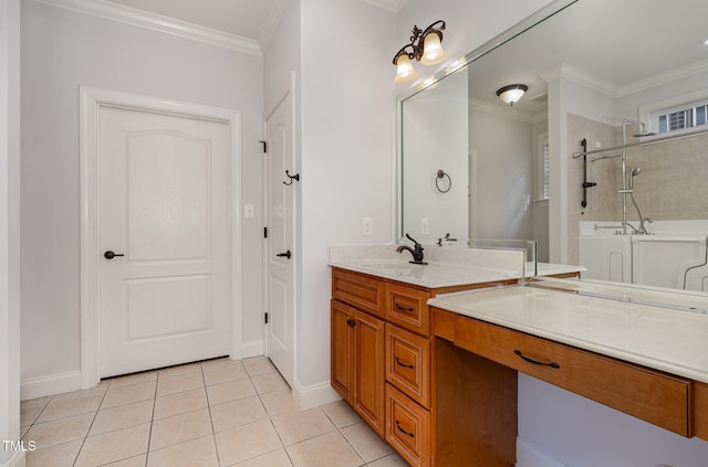 bathroom featuring tile patterned flooring, vanity, separate shower and tub, and ornamental molding