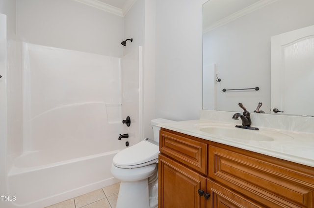 full bathroom featuring vanity, shower / washtub combination, crown molding, tile patterned flooring, and toilet