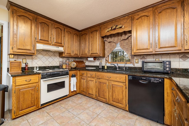 kitchen featuring white gas range, a textured ceiling, sink, dark stone countertops, and dishwasher