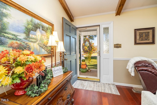 entryway featuring crown molding, beamed ceiling, and dark wood-type flooring