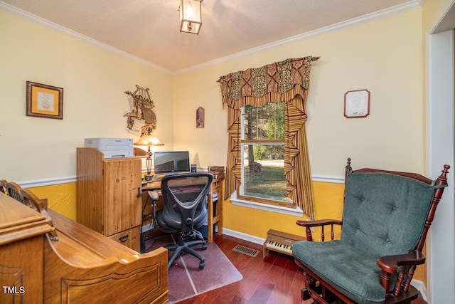 office featuring a textured ceiling, dark hardwood / wood-style floors, and ornamental molding