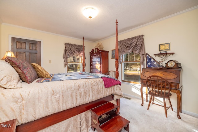 bedroom featuring crown molding and light colored carpet