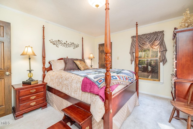 carpeted bedroom with crown molding