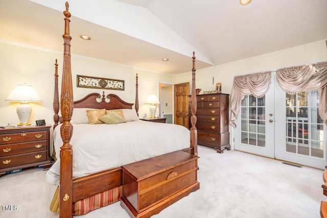 carpeted bedroom featuring access to exterior, lofted ceiling, crown molding, and french doors