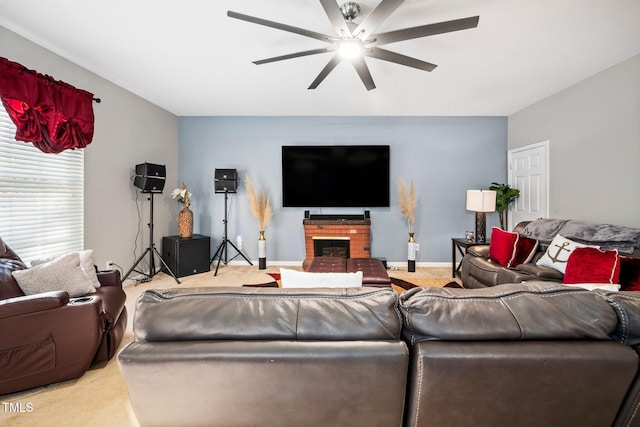 104 Full Moon Ct, Garner, NC 27529 - living area with ceiling fan, carpet flooring, a fireplace, and baseboards