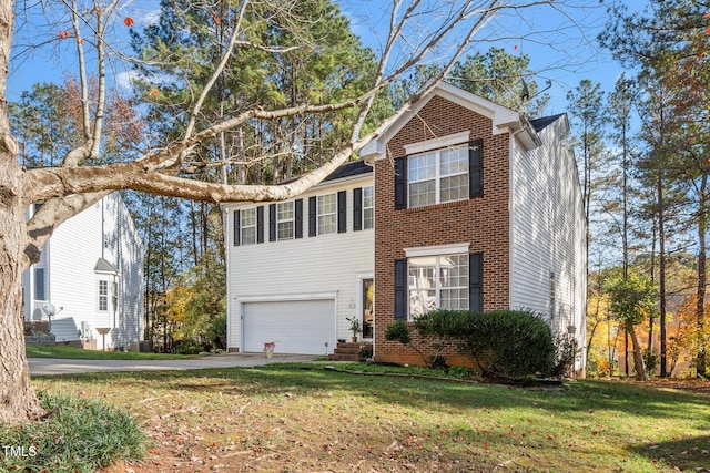 view of front of house with a garage and a front lawn