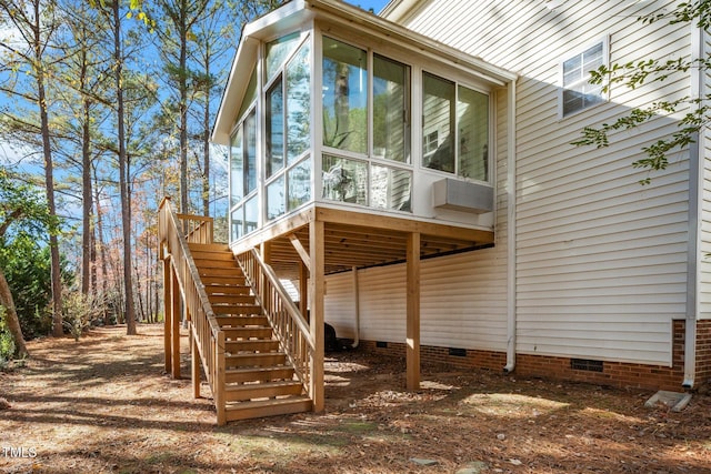 104 Full Moon Ct, Garner, NC 27529 - view of side of property with crawl space, a sunroom, stairway, and cooling unit