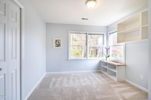 unfurnished bedroom featuring light carpet and a closet