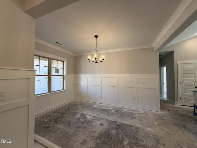 unfurnished dining area with a decorative wall, a notable chandelier, visible vents, and ornamental molding