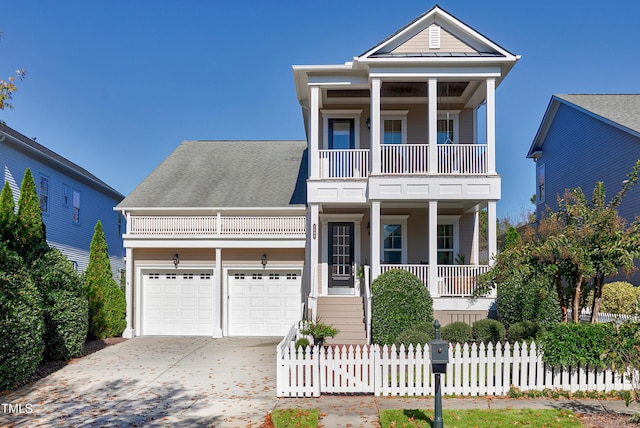 view of front of house featuring a porch, a balcony, and a garage