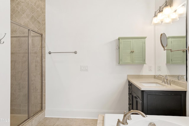 bathroom featuring tile patterned floors, vanity, and shower with separate bathtub