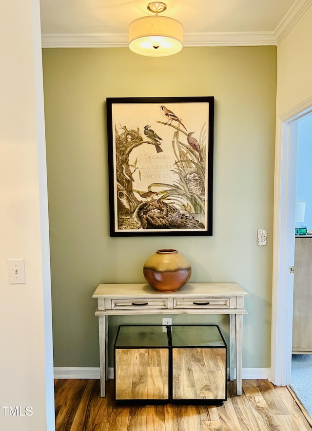 interior details with hardwood / wood-style flooring and ornamental molding