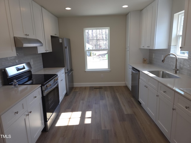 kitchen featuring under cabinet range hood, white cabinetry, stainless steel appliances, and a sink