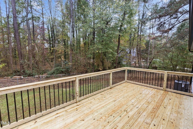 wooden deck with central AC and a yard