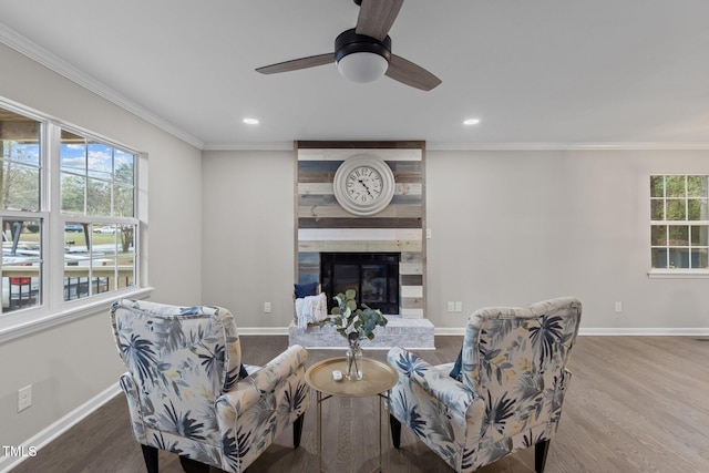 living room with hardwood / wood-style floors, a large fireplace, ceiling fan, and crown molding