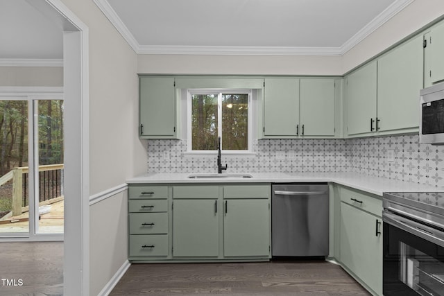 kitchen with a wealth of natural light, sink, dark hardwood / wood-style floors, and appliances with stainless steel finishes